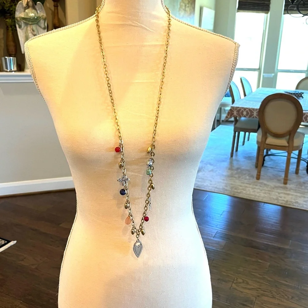 Charm Necklace Bee Heart Star Butterfly Gold Tone with Colorful Beads  Long